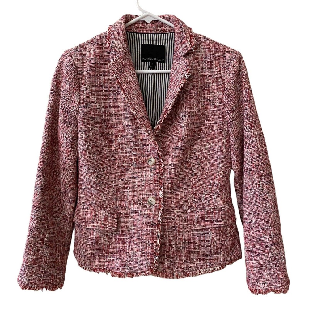 Banana Republic Pink Tweed Blazer Size 4 Fringed Jacket Lined Woven